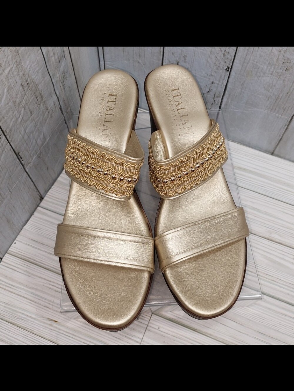 Italian Shoemakers Wmn 11M Gold Lthr Beaded Lace Strappy Wedge Platform Sandals